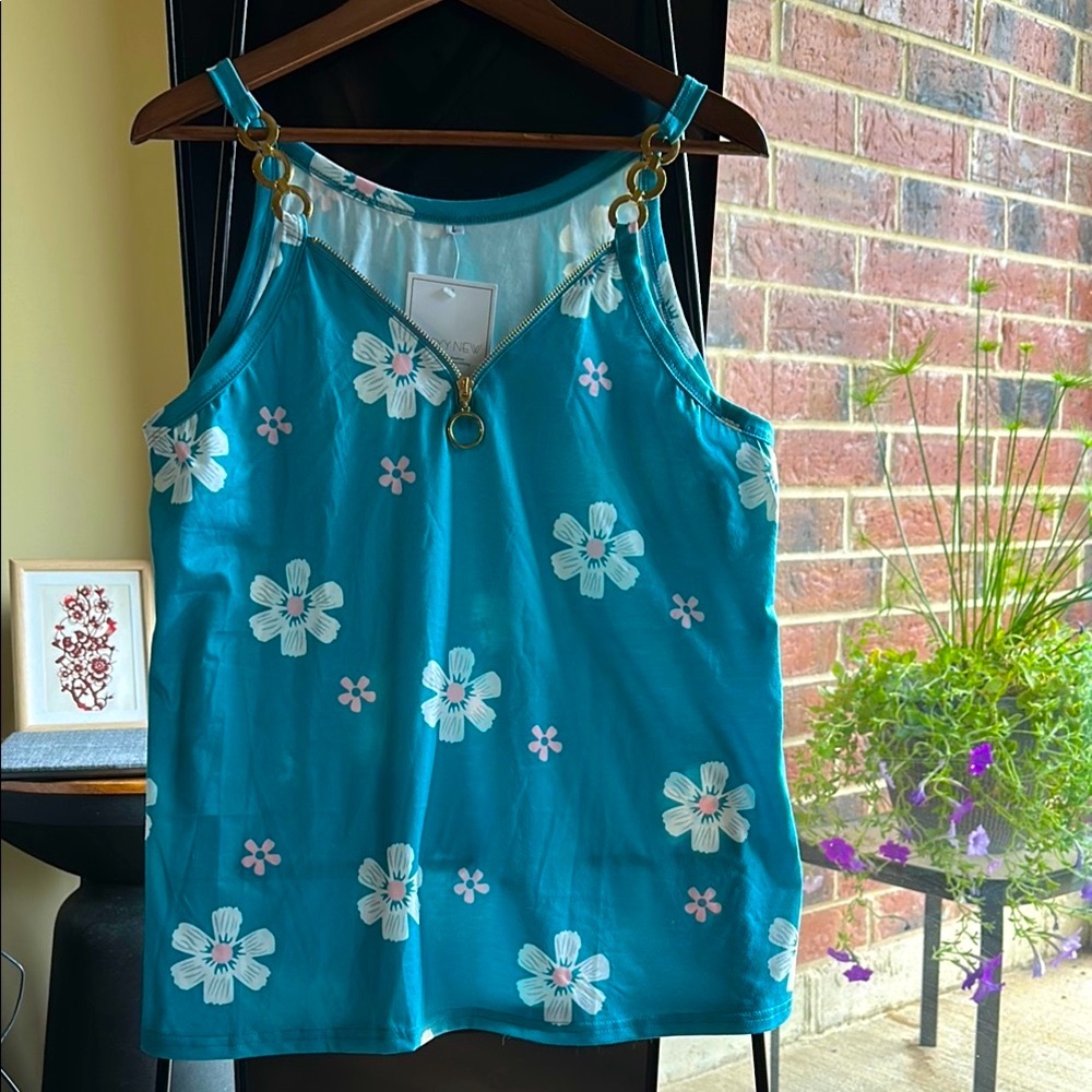 Blue Sleeveless Tank Top with Floral Print